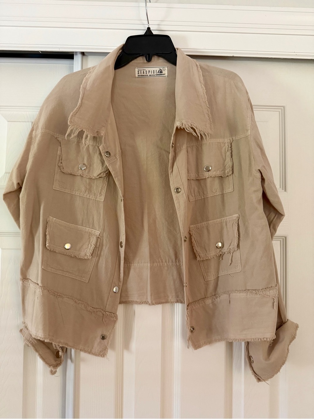 Beige Frayed-Edge Utility Jacket - Women